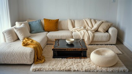 Generative AI, Textured white boucle living room with rustic oak and yellow accents