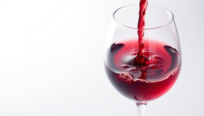 Rich red wine poured into a glass, clean white backdrop, simple, wine, pinot noir