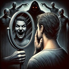 Man facing twisted reflection of laughing figure in mirror