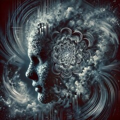 Disintegrating head revealing inner thoughts and chaos