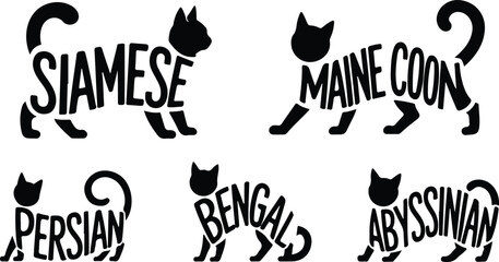 Set of black vector illustrations featuring cat breeds (Siamese, Maine Coon, Persian, Bengal, Abyssinian) with text forming their shapes, ideal for pet or animal design themes