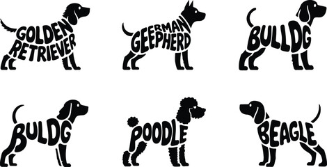 Fototapeta premium Vector Illustration Description: Set of black vector illustrations featuring dog breeds (Golden Retriever, German Shepherd, Bulldog, Poodle, Beagle) with text forming their shapes