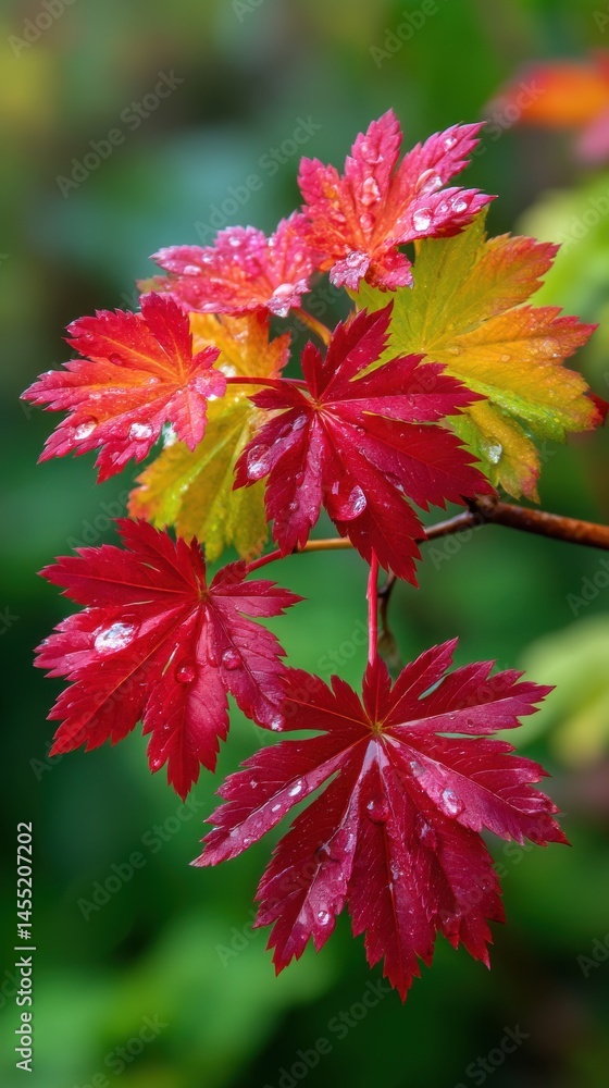 Poster close-up on a branch of red and yellow leaves with raindrops creating a vibrant natural scene in an 