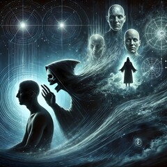 Spirits emerging from man’s head in a dark surreal scene