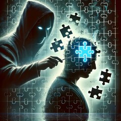 Hooded figure replacing puzzle piece in human brain