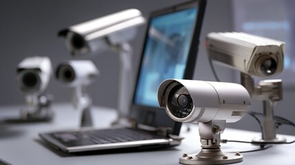 Multiple security cameras positioned near a laptop computer.