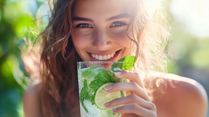 Smiling woman enjoys a refreshing mint cocktail in a sunny garden during a warm afternoon