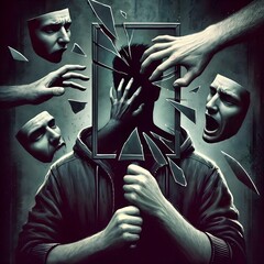 Manipulative hands controlling masked faces in dark surreal art