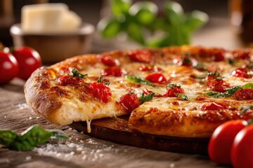 A delicious cheese pizza with fresh tomatoes and basil. Perfect for a casual dinner or get-together.