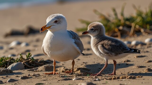 Seagull Parent and Chick on Beach