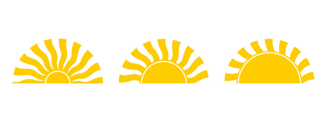 Groovy sun half shapes. Wavy yellow sunny rays. Sunrise or sunset symbols isolated on white background. Summer theme signs. Happy positive vibes concept. Vector flat illustration.