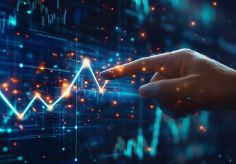Businessman pointing at a bright upward arrow on a virtual screen with blue graph lines and financial charts