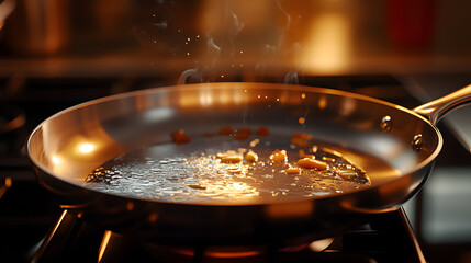 Sizzling in the Kitchen: A close-up view captures the essence of culinary creation, as steam rises from a stainless steel pan, highlighting the art of cooking and gastronomic exploration.