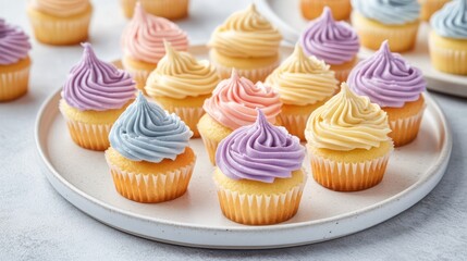 Small pastel cupcakes on white plate