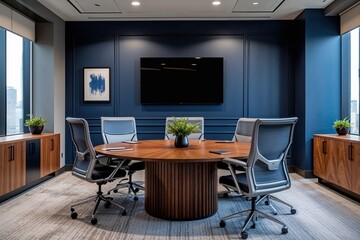 Fototapeta premium Modern Corporate Meeting Room with Circular Conference Table Ergonomic Seating Navy Accent Wall and Custom Wood Cabinets