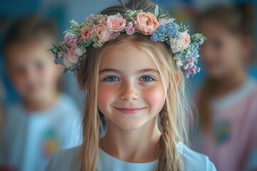 Obraz premium Smiling Girl with Floral Crown in Bright Colorful Environment
