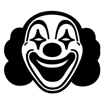 A bold, black and white vector illustration of a clown face, featuring a wide smile and classic makeup.