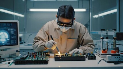 Scientist working on circuit board in lab, soldering - Powered by Adobe