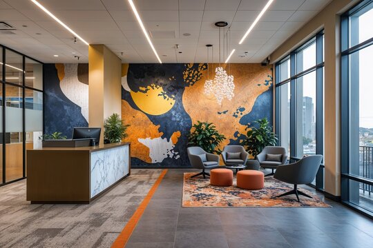 Modern Office Reception Area Featuring Trendy Mural Accent Wall and Well-Organized Meeting Rooms