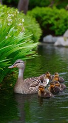 Female duck swimming with a line of ducklings in a pond surrounded by greenery on a tranquil summer day