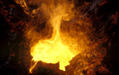 hot flaming embers in a burning log.