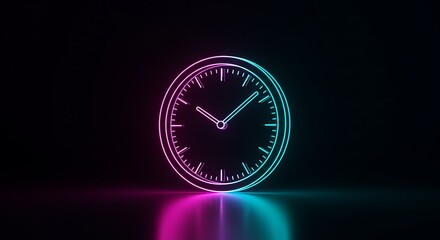Clock face outline, neon glow, pink and blue light on black background.