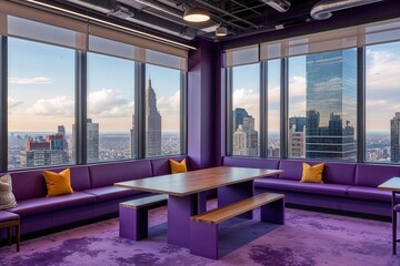 Comfortable Purple Team Collaboration Space with Bench Table and Stunning City Views