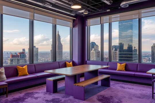 Comfortable Purple Team Collaboration Space with Bench Table and Stunning City Views