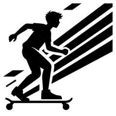 Silhouette of a boy skateboarding, dynamic vector illustration. Black and white, speed, motion.