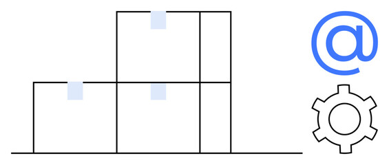 Stacked boxes in neat arrangement with blue tape, email at symbol, and gear icon. Ideal for logistics, shipping, technology, communication, productivity, e-commerce and simple landing page
