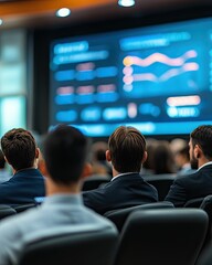 Rear view of a diverse audience attentively watching a presentation displaying financial data graphs on a large screen during a business conference or seminar in a modern venue.