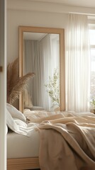 Sunlit bedroom with beige bedding, wooden framed mirror reflecting curtains and dried flowers, small plant on a side table.  Minimalist interior design, calm atmosphere.