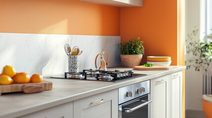Modern kitchen design featuring a light beige cabinetry, orange wall, marble backsplash, gas stovetop, oven, and wooden cutting board with citrus fruits.
