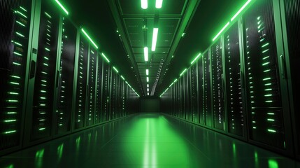 Green-lit server room corridor: Rows of illuminated data storage units line a sleek, polished floor, creating a futuristic, high-tech atmosphere.