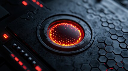 Close-up of a dark metallic surface with a glowing red circular element, surrounded by hexagonal patterns and smaller illuminated indicators; futuristic technological design.