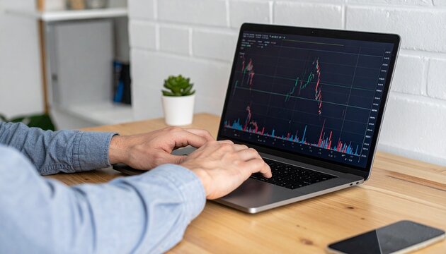 Person analyzing stock charts on laptop at desk