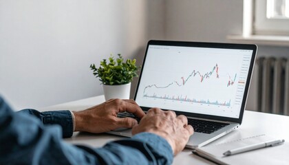 Person analyzing stock charts on laptop at desk