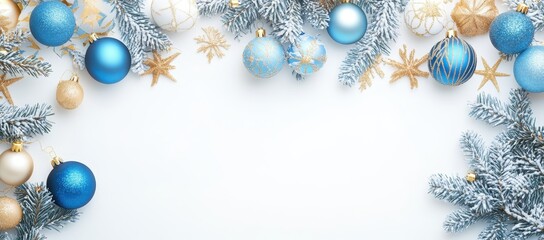 Blue and White Christmas Decorations: Festive Ornaments and Snowflakes Background