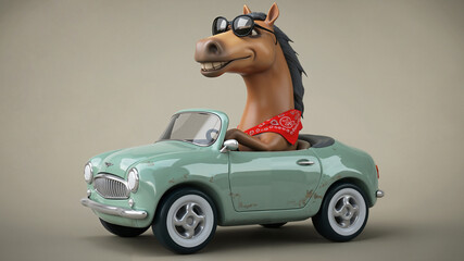 Cartoon horse driving a vintage car on a neutral background 