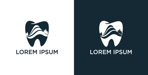 vector logo design for dentist or dental company with sea mountains - lake hills vector