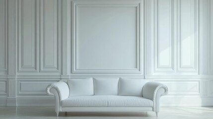 Fototapeta premium Elegant, white, paneled room, showcasing a white sofa.