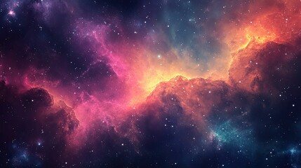 Fototapeta premium Cosmic Nebula: Vivid Hues of Pink, Orange, and Teal Gas Clouds Interspersed with Myriad Stars in a Dark Expanse of Space. A Celestial Tapestry.