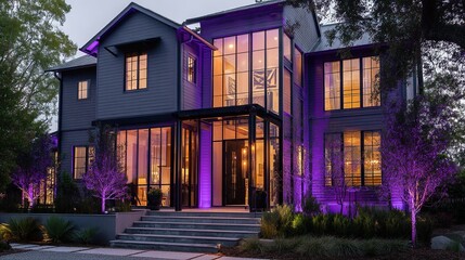 Modern residence facade illuminated by purple lights.