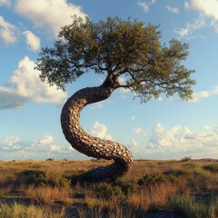 A solitary tree with a dramatically curved trunk, its lush green canopy reaching towards a partly cloudy sky.