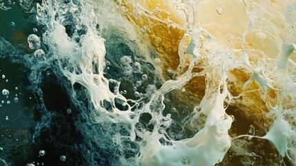 Abstract close-up of frothy water, showcasing a dynamic interplay of white foam and golden-brown liquid, creating intricate patterns and textures.