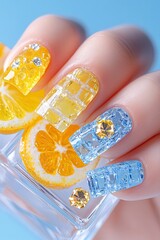 Close-up view of a hand showcasing intricate nail art.  The design features yellow and blue, glass-like textured nail decorations, accented with small rhinestones.