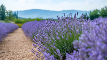 Obraz premium Aromatic Lavender Bushes in Full Bloom on a Clear Summer Day