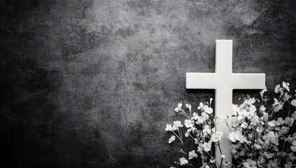 Cross decorated with white flowers; suitable for themes of spirituality and remembrance