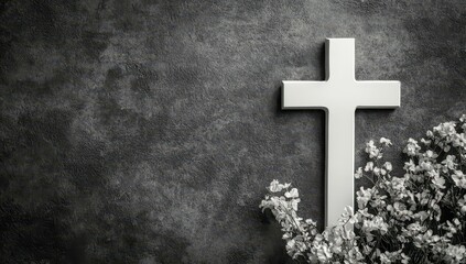 Cross decorated with white flowers; suitable for themes of spirituality and remembrance
