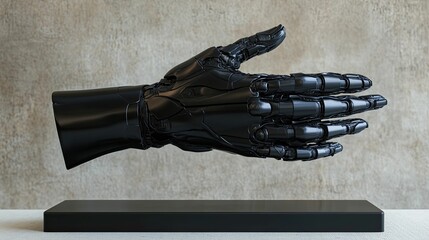 Sleek, black robotic hand model displayed on a minimalist black base against a neutral textured backdrop.